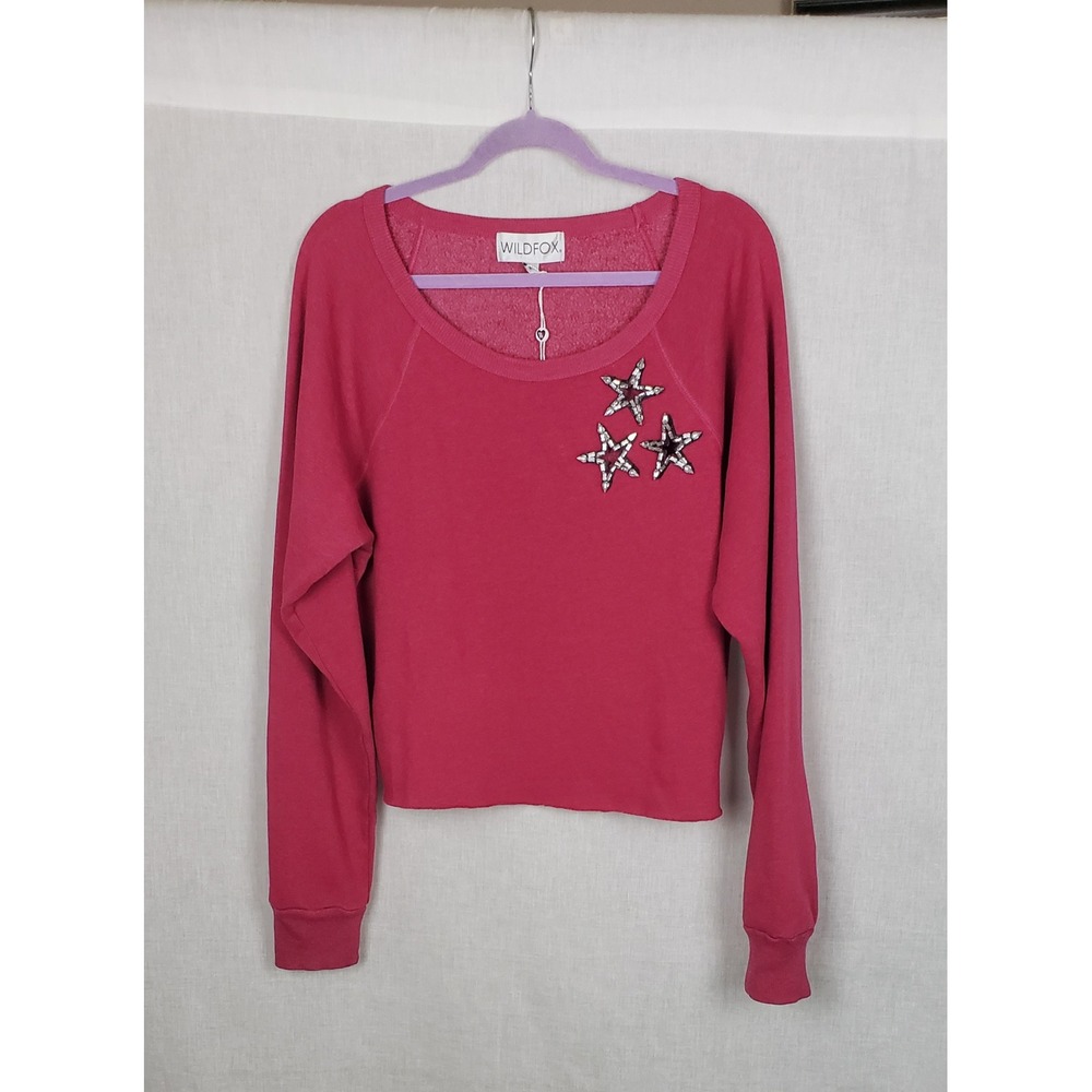 Wildfox Pink Rhinestone Star Cropped Sweatshirt Raglan Pullover L Casual Sparkly